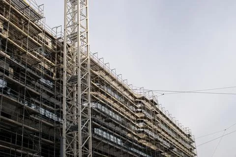 Construction building work on road side with blue sky. 06.04.2023 vienna, a.. Stock Photos