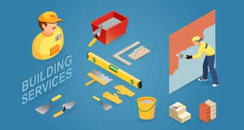 Construction building. Worker, tools and fragment of brick wall. Vector. Stock Illustration