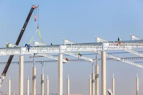 Construction Building Workers Rigging High Beams Columns Stock Photos