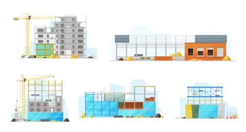 Construction buildings, store and warehouse icons Stock Illustration