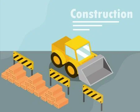 Construction bulldozer barriers and bricks isometric Stock Illustration