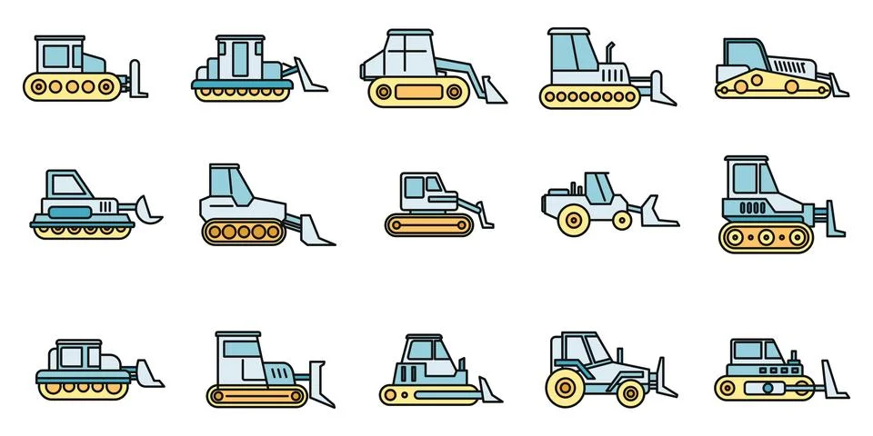 Construction bulldozer icons set vector color line Stock Illustration