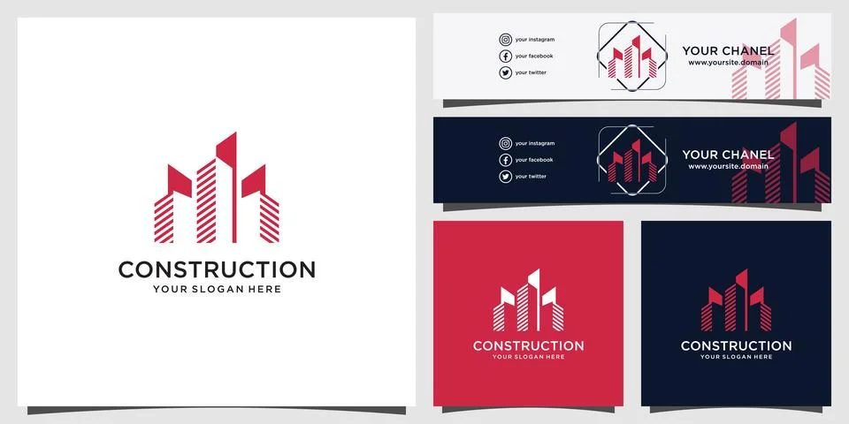 Construction bundle logo with youtube cover Premium Vector Stock Illustration