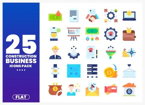Construction business flat icons pack with financial and building symbols 스톡 일러스트