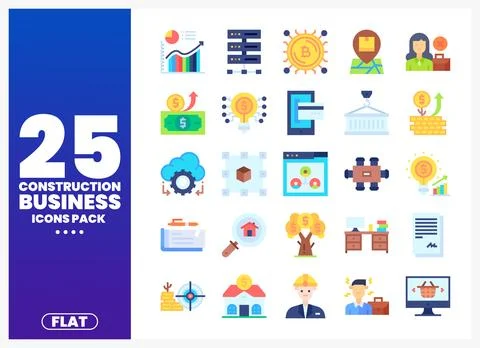 Construction business flat icons pack with graph. money. house. office. Ilustración de archivo