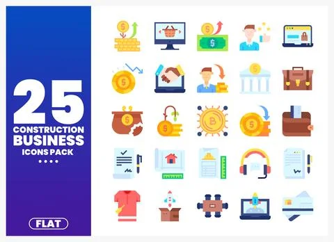 Construction business flat icons set depicting financial growth. digital tr.. Stock Illustration