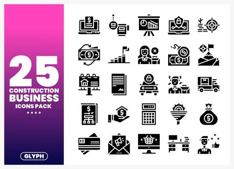 Construction business glyph icons for financial planning and success Stock Illustration