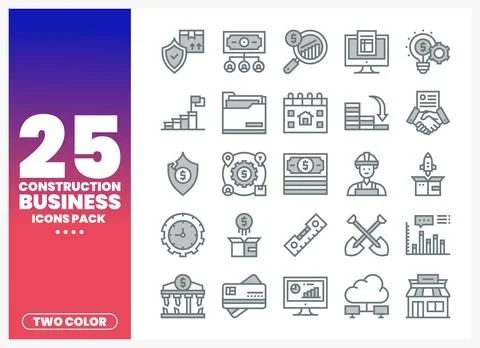 Construction business icon pack for graphic design on white background. Gra.. Illustrazione stock