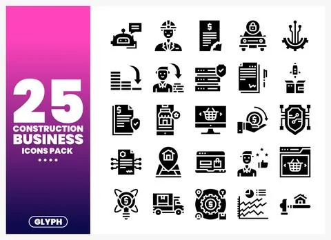Construction business icon pack showing diverse icons on a gradient backgroun Stock Illustration