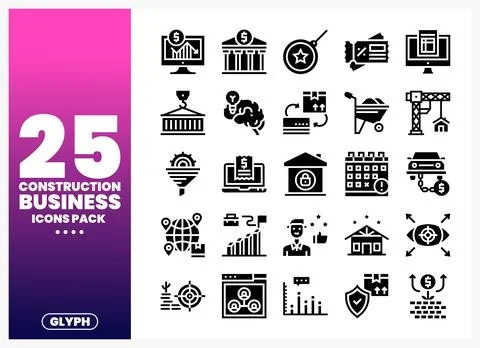 Construction business icons in a grid layout. featuring industry-related sy.. Illustration