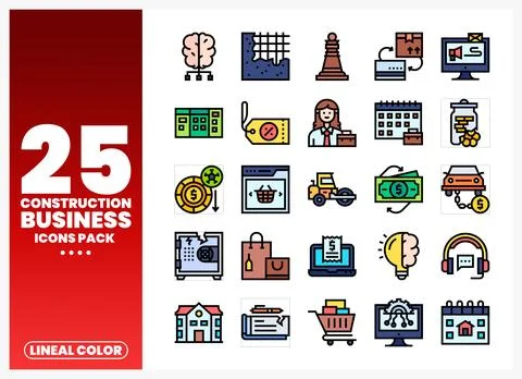 Construction business icons pack with brain. chessboard. blueprint. and off.. Ilustração Stock