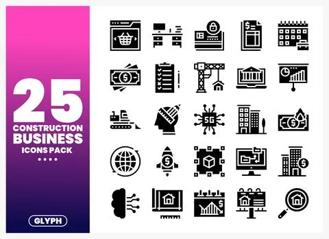 Construction Business Icons Pack with Building. Finance. and Technology Symbo Stock Illustration