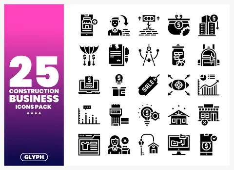 Construction Business Icons Pack featuring diverse glyphs. Stock Illustration