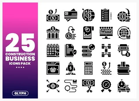 Construction Business Icons Pack featuring financial and project management.. Stock Illustration
