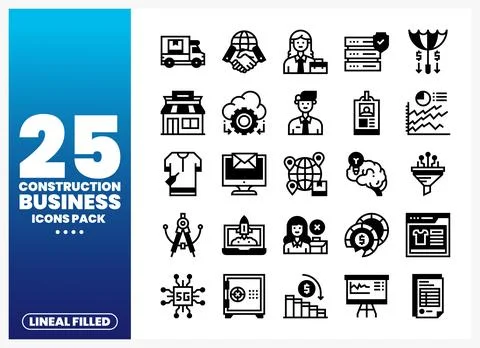 Construction Business Icons Pack featuring lineal filled icons Stock Illustration