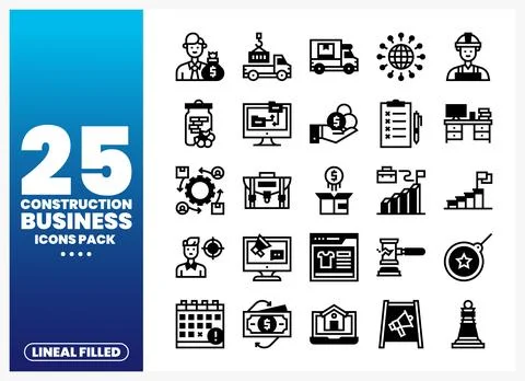 Construction Business Icons Pack featuring lineal filled illustrations Stock Illustration