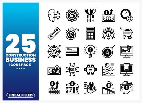 Construction Business Icons Pack featuring financial and technical elements.. Stock Illustration