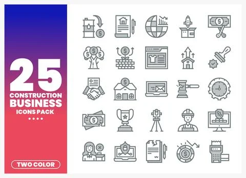 Construction Business Icons Pack featuring two-color graphics on a white ba.. Stock Illustration