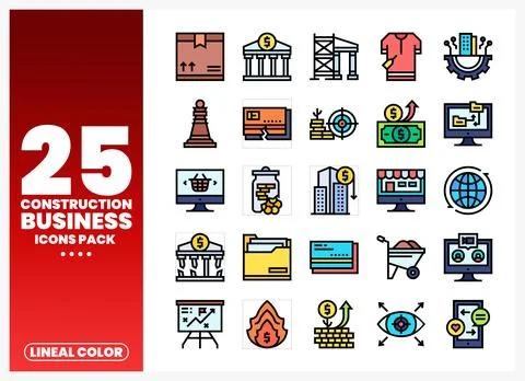 Construction business icons pack featuring financial and building elements Illustrazione stock