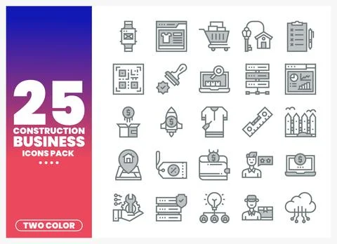 Construction Business Icons Pack Featuring Diverse Industry Elements Stock Illustration