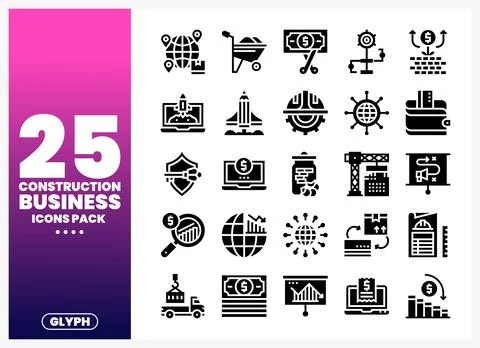 Construction business icons pack with graph. money. and building elements o.. Stock Illustration