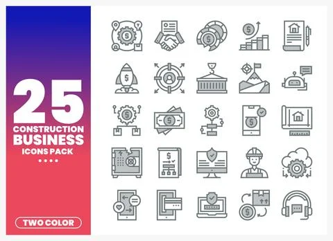 Construction Business Icons Pack with Two-Color Design Stock Illustration