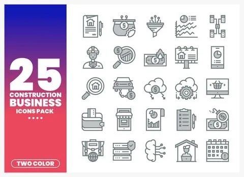 Construction Business Icons Pack with Two Color Design Stock Illustration