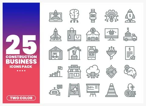Construction Business Icons Pack with Two Color Options Stock Illustration