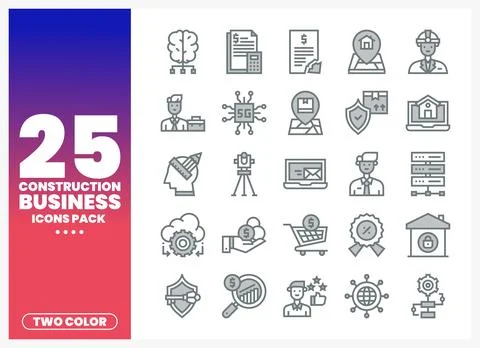 Construction business icons pack with two-color graphic elements Stock Illustration