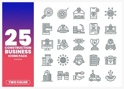 Construction Business Icons Pack in Two Colors Stock Illustration