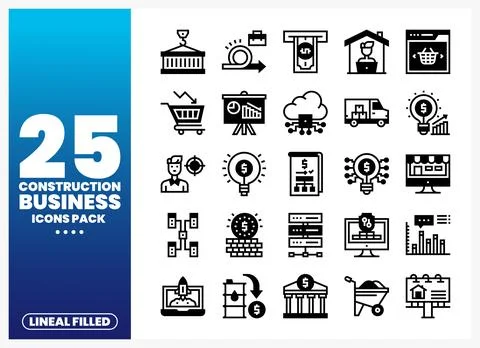 Construction business icons pack on white background. lineal filled graphics Stock Illustration