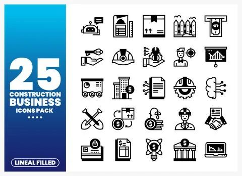 Construction business linear filled icons set on white background Stock Illustration