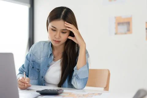 Construction business plan concept, Female architect feeling stressed while.. Stock Photos