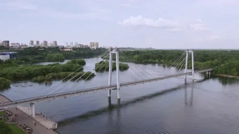 Construction of the Cable-stayed bridge in Krasnoyarsk Stock Footage 170884477