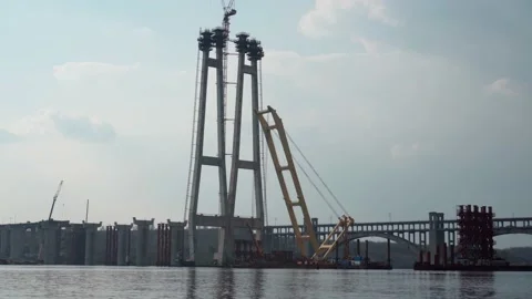 Construction of a cable-stayed bridge in Zaporozhye, Ukraine. Stock Footage 151627742
