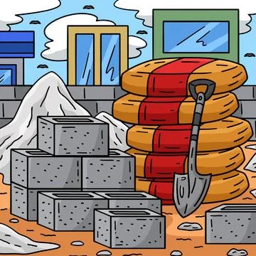 Construction Cement and Bricks Colored Cartoon Stock Illustration