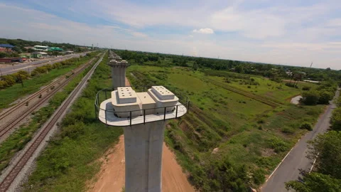 Construction Columns of Elevated Railway Track in Thailand FPV Drone Shot Stock Footage 336955130