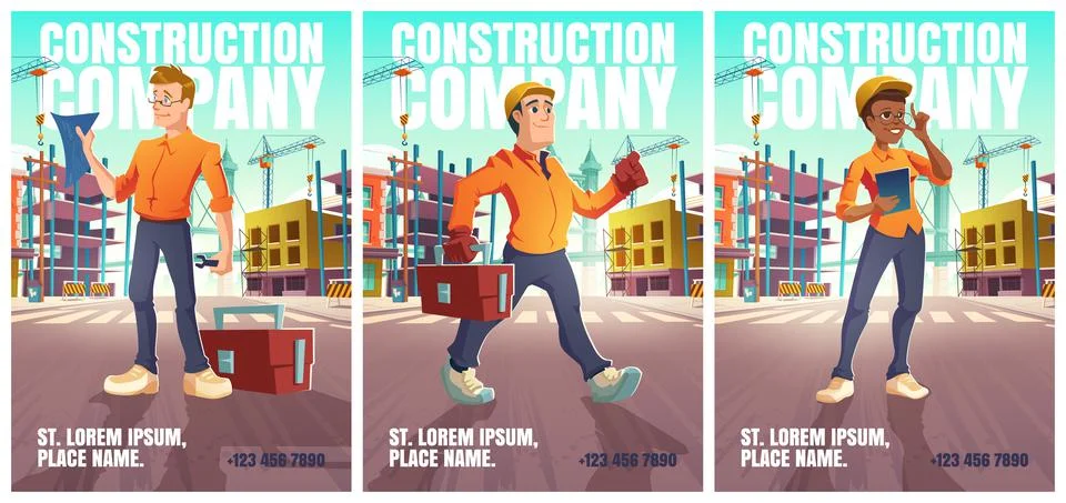 Construction company poster with workers Stock Illustration