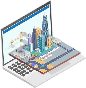 Construction company website. Skyscraper different buildings stand on laptop Ilustración de archivo