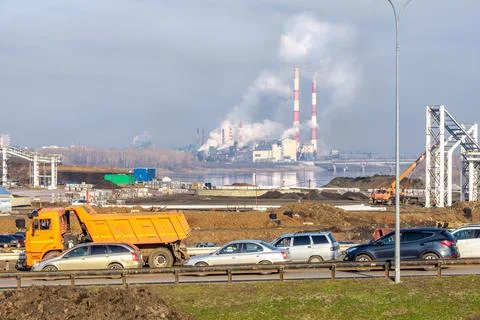 Construction of a complex on the banks of the Tom River, in the distance Stock Photos