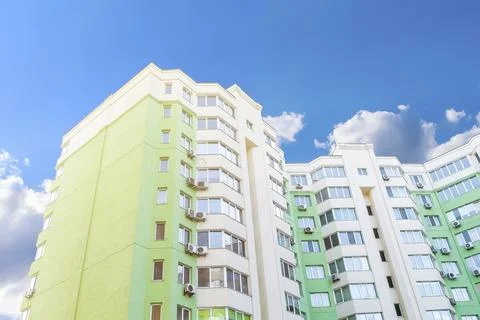 Construction complex high rise green residental apartment buildings with many Stock Photos