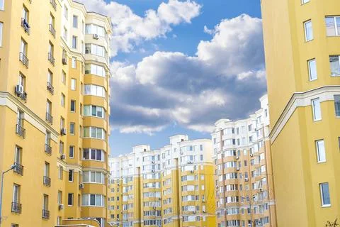 Construction complex high rise modern residental apartment buildings with m.. Stock Photos