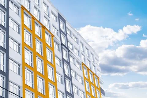 Construction complex with high rise residental apartment buildings with man.. Foto stock