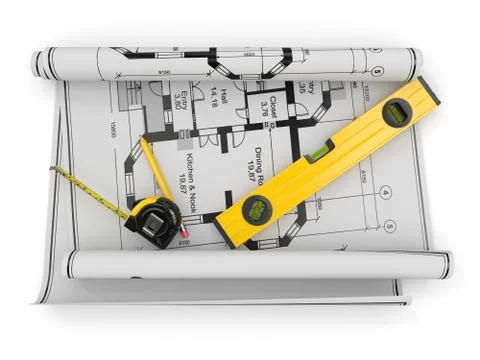 Construction concept. blueprint, level and rulers Stock-Illustration