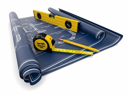 Construction concept. blueprint, level and rulers Stock Illustration
