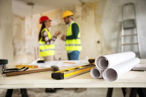 Construction concept. blueprint, level and rulers Stock Photos