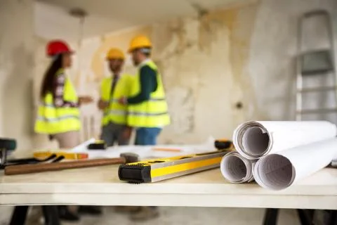 Construction concept. blueprint, level and rulers Stock Photos