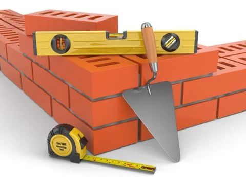 Construction concept. brick wall trowel and level, Stock Illustration