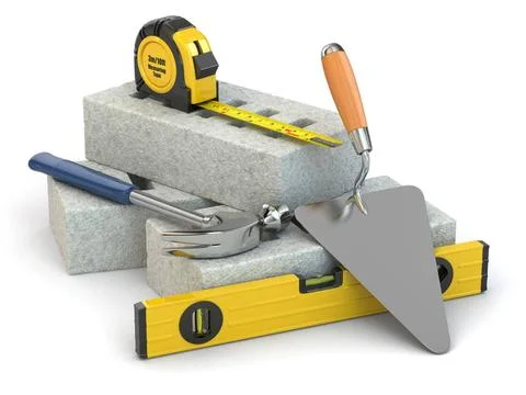 Construction concept. Bricks, trowel, hammer and level. Construction conce... Stock Photos