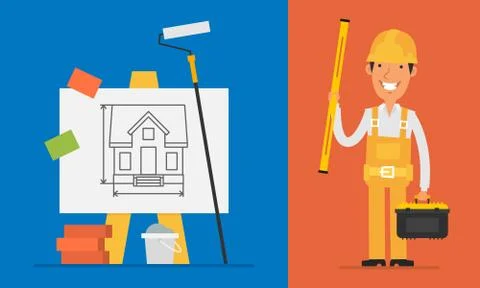 Construction Concept Builder Holds Level and Tools Stock Illustration